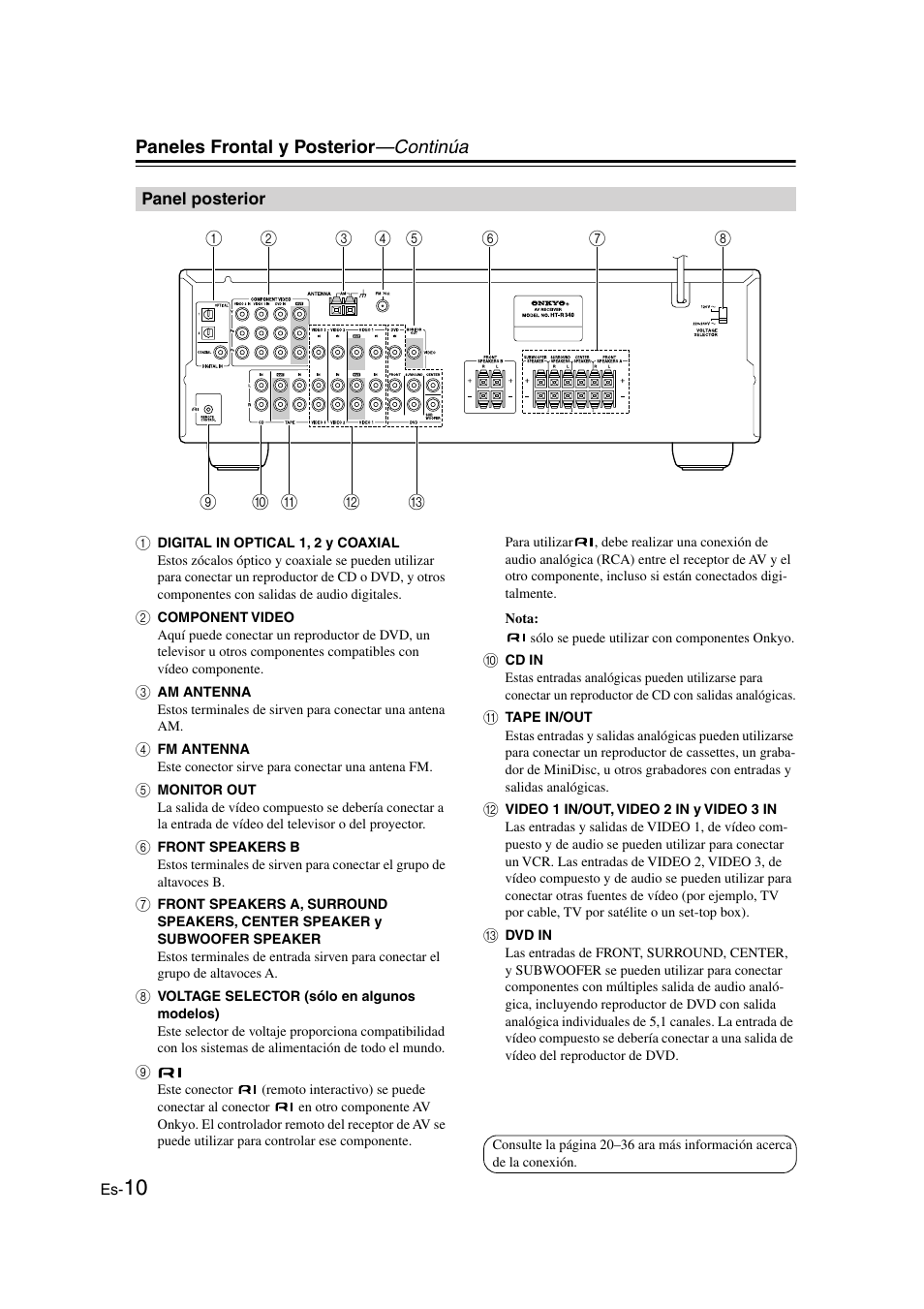 Panel posterior, Paneles frontal y posterior —continúa | Onkyo HT-S3100 User Manual | Page 72 / 128