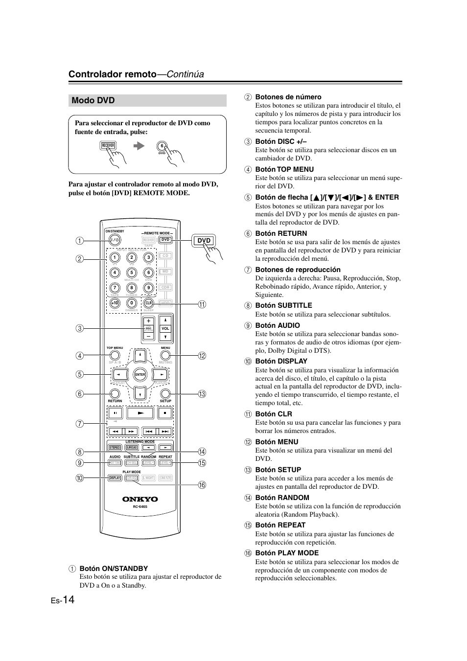 Modo dvd, Controlador remoto —continúa | Onkyo HT-S3100 User Manual | Page 76 / 128
