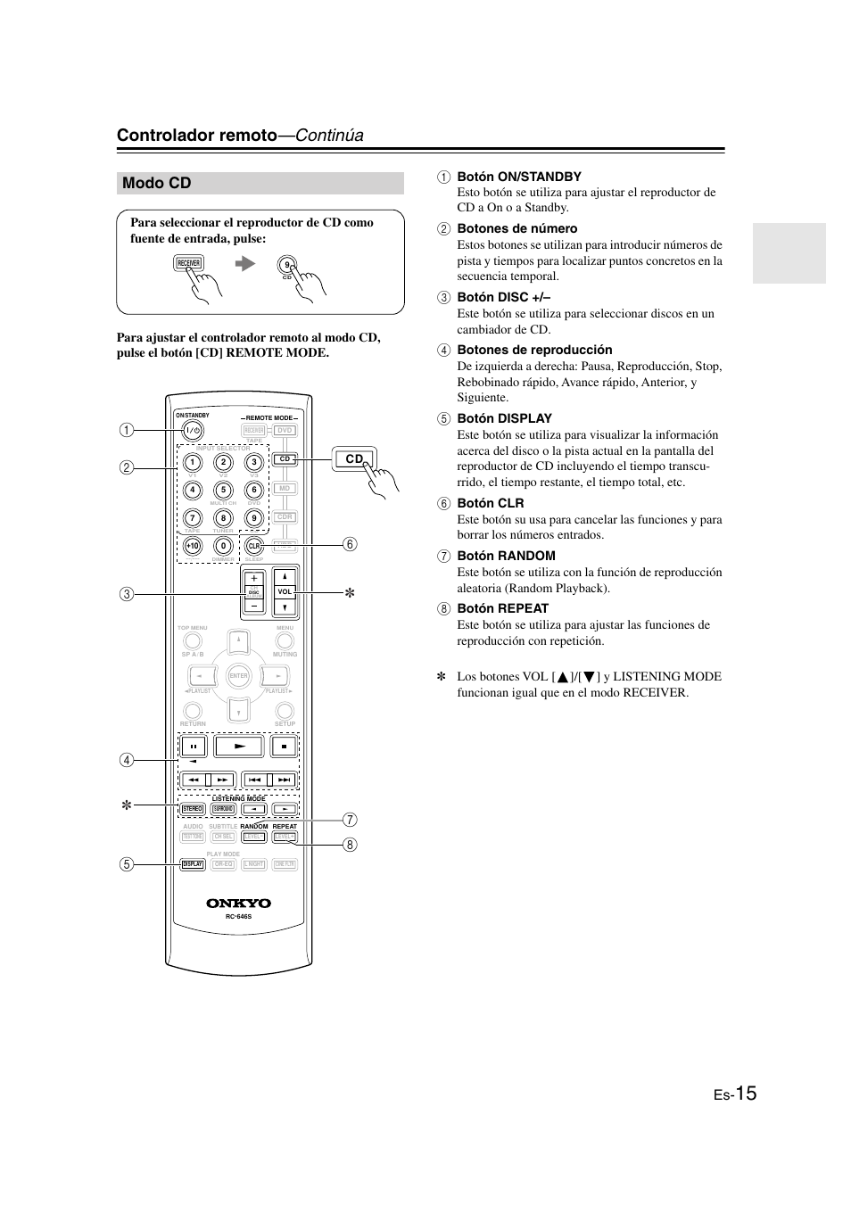 Modo cd, Controlador remoto —continúa | Onkyo HT-S3100 User Manual | Page 77 / 128