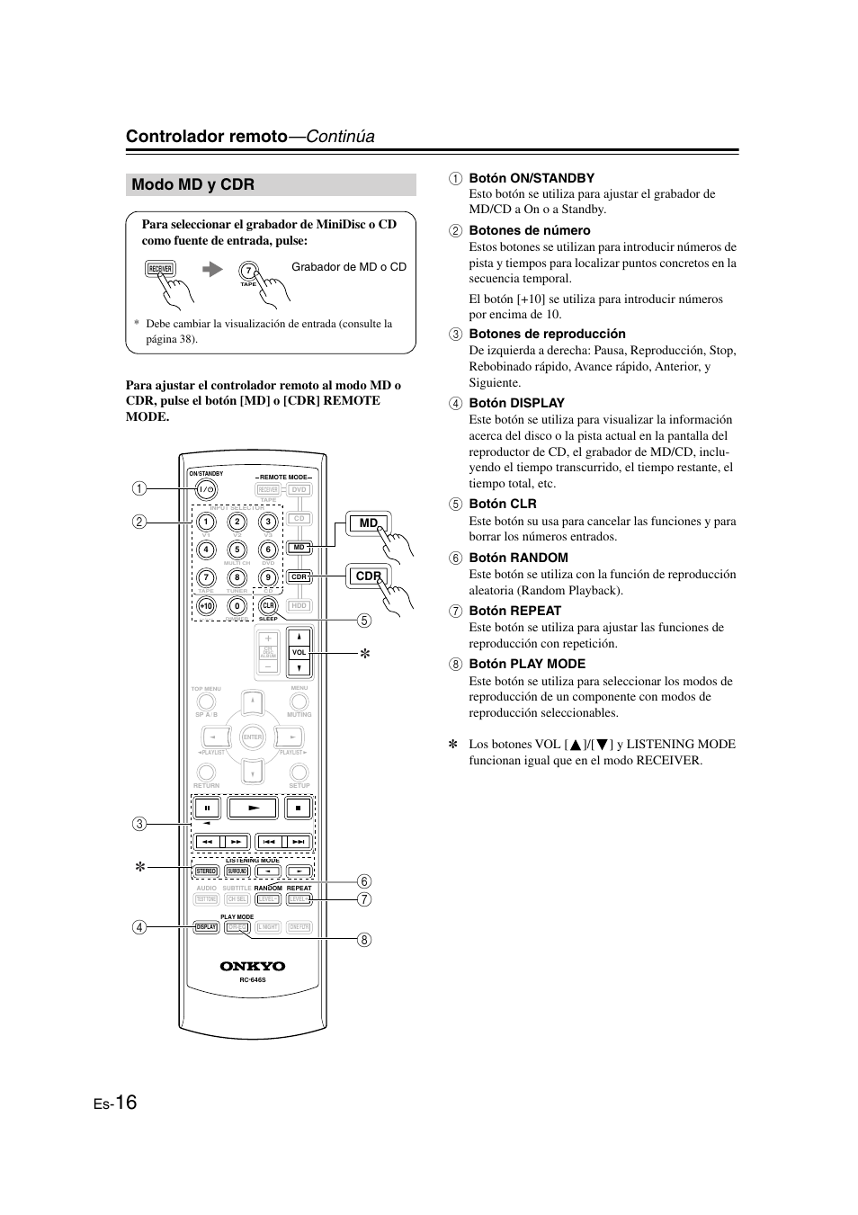 Modo md y cdr, Controlador remoto —continúa | Onkyo HT-S3100 User Manual | Page 78 / 128