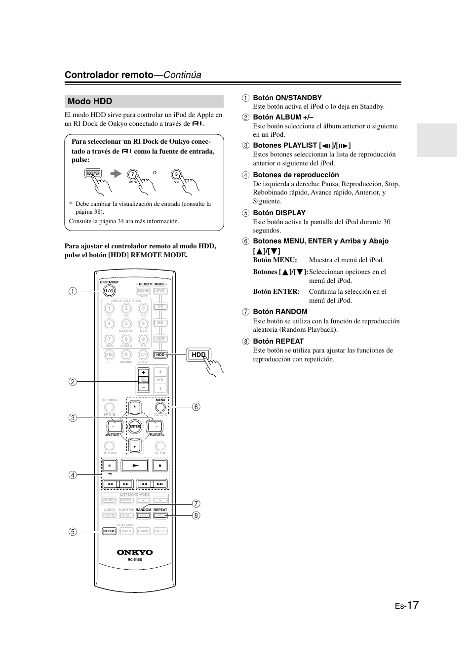 Modo hdd, Controlador remoto —continúa | Onkyo HT-S3100 User Manual | Page 79 / 128