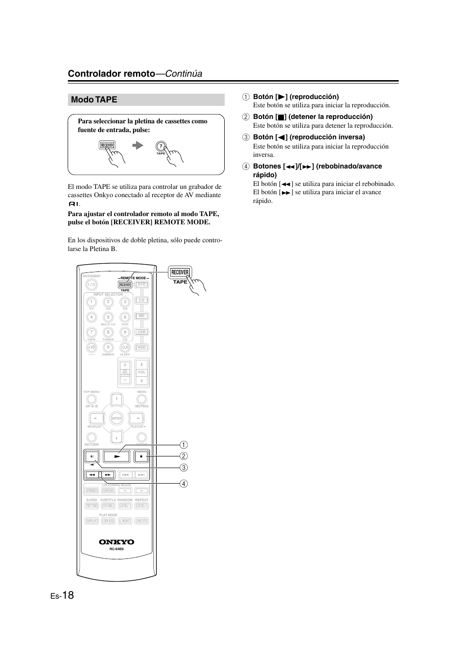 Modo tape, Controlador remoto —continúa, B c d a | Onkyo HT-S3100 User Manual | Page 80 / 128