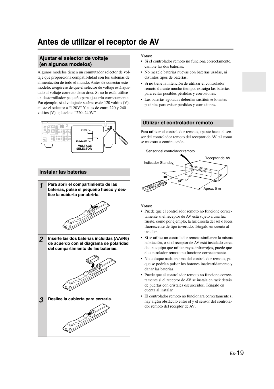 Antes de utilizar el receptor de av, Instalar las baterías, Utilizar el controlador remoto | Olador remoto (19) | Onkyo HT-S3100 User Manual | Page 81 / 128