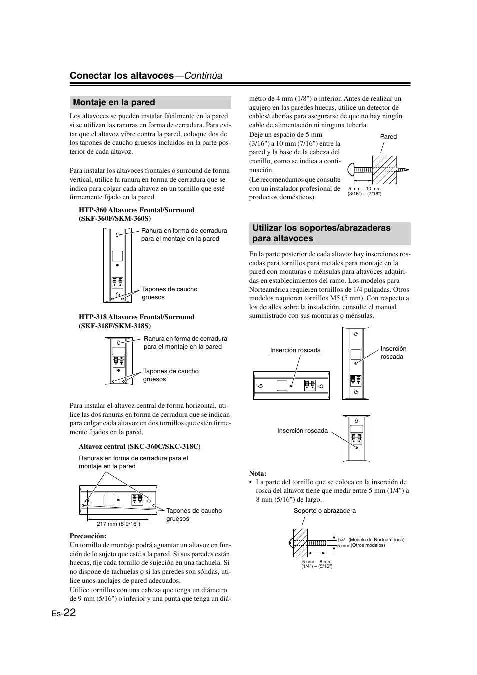 Montaje en la pared, Utilizar los soportes/abrazaderas para altavoces, Conectar los altavoces —continúa | Onkyo HT-S3100 User Manual | Page 84 / 128