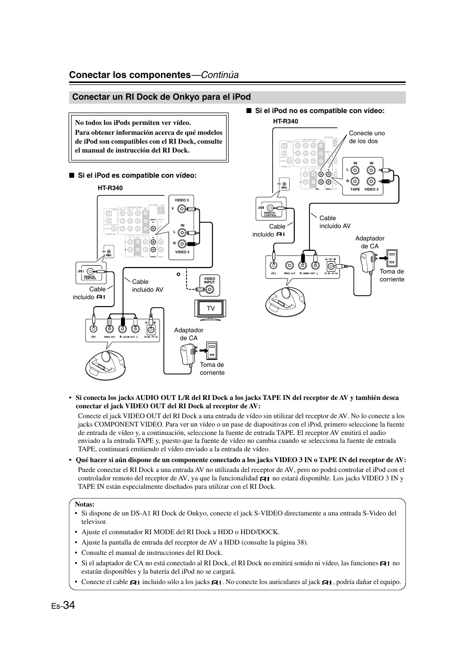 Conectar un ri dock de onkyo para el ipod, Conectar los componentes —continúa | Onkyo HT-S3100 User Manual | Page 96 / 128