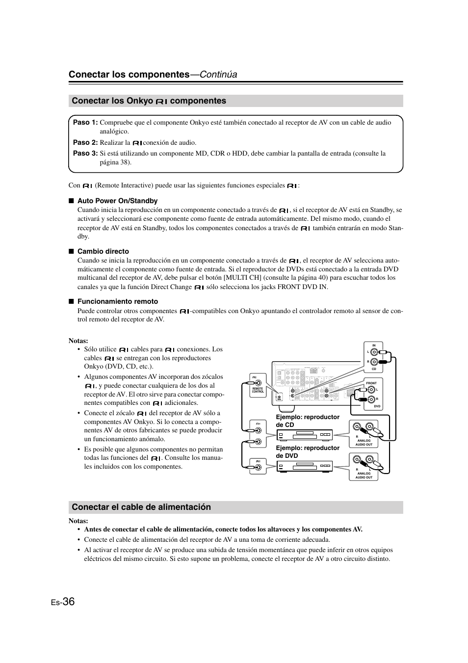 Conectar los onkyo componentes, Conectar el cable de alimentación, Conectar los componentes —continúa | Onkyo HT-S3100 User Manual | Page 98 / 128