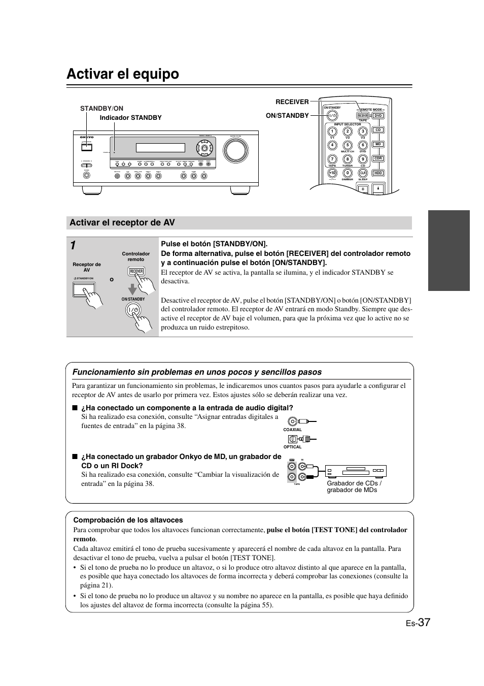 Activar el equipo, Activar el receptor de av, Primera configuración .........es-37 | Andby/on (37), Andby (37), Standby/on, Receiver on/standby indicador standby, Grabador de cds / grabador de mds | Onkyo HT-S3100 User Manual | Page 99 / 128