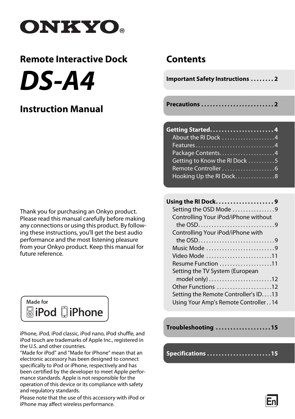 Onkyo Remote Interactive Dock for iPod/iPhone DS-A4 User Manual | 16 pages