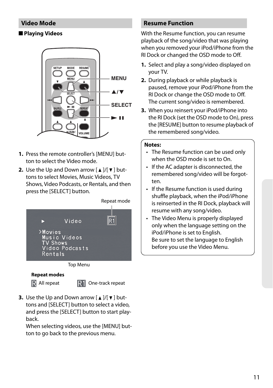 Video mode, Resume function, Video mode resume function | Onkyo Remote Interactive Dock for iPod/iPhone DS-A4 User Manual | Page 11 / 16