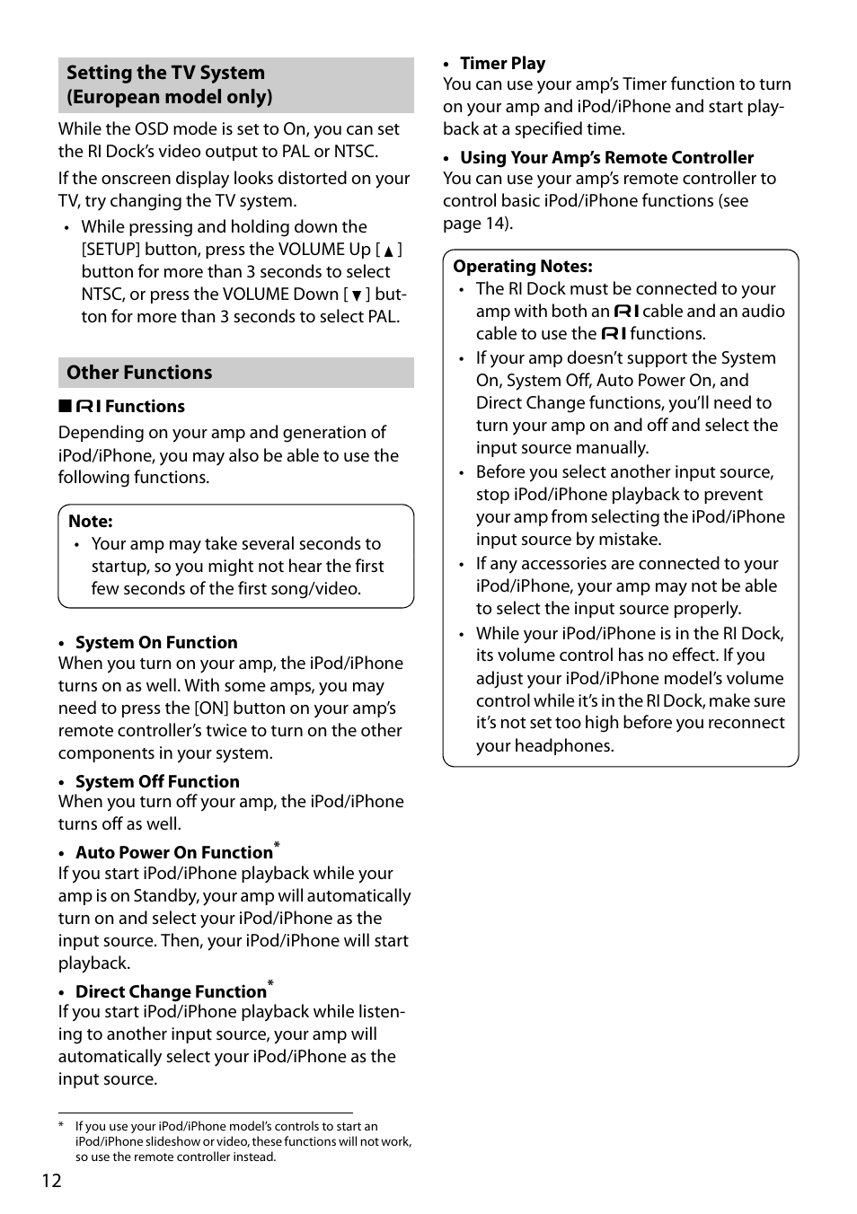Setting the tv system (european model only), Other functions, Setting the tv system (european | Model only) | Onkyo Remote Interactive Dock for iPod/iPhone DS-A4 User Manual | Page 12 / 16