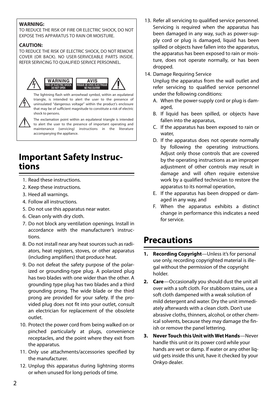 Important safety instructions, Precautions, Important safety instruc- tions | Onkyo Remote Interactive Dock for iPod/iPhone DS-A4 User Manual | Page 2 / 16