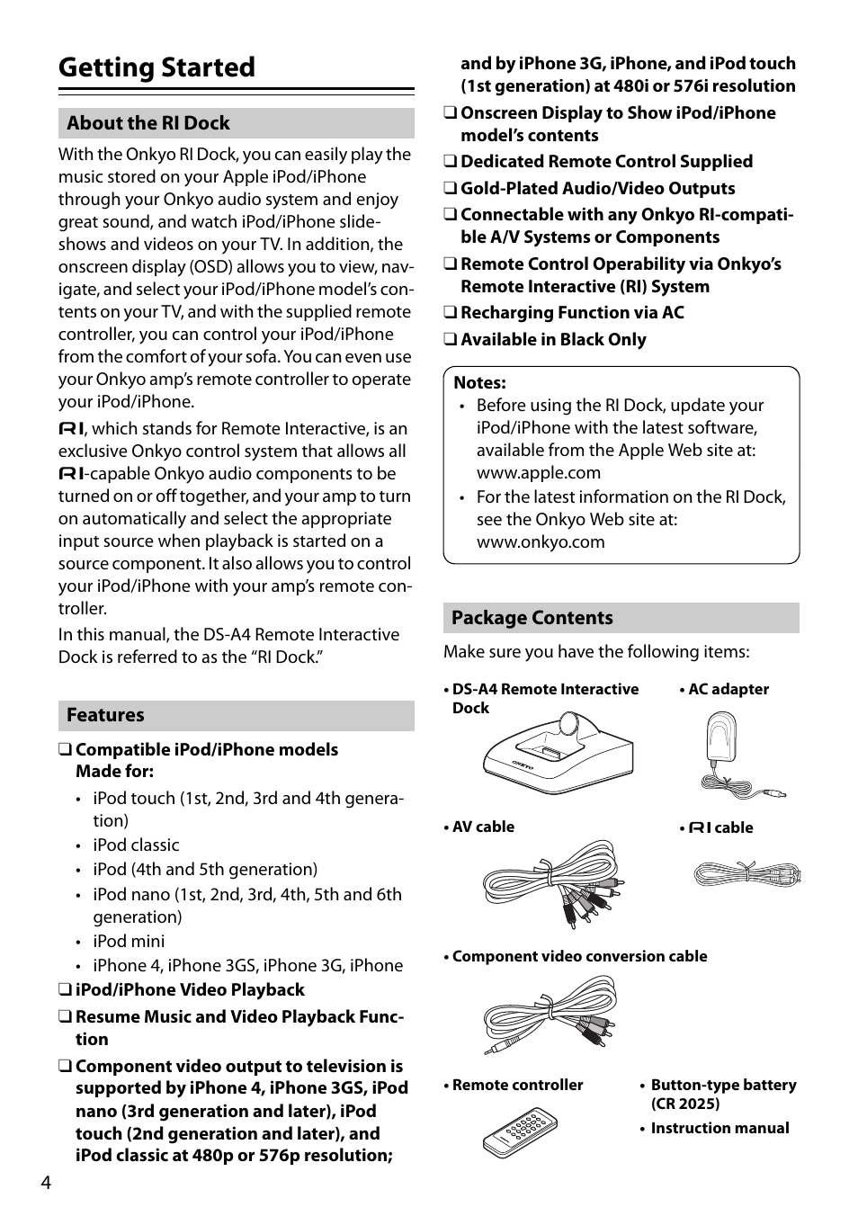 Getting started, About the ri dock, Features | Package contents, About the ri dock features package contents | Onkyo Remote Interactive Dock for iPod/iPhone DS-A4 User Manual | Page 4 / 16