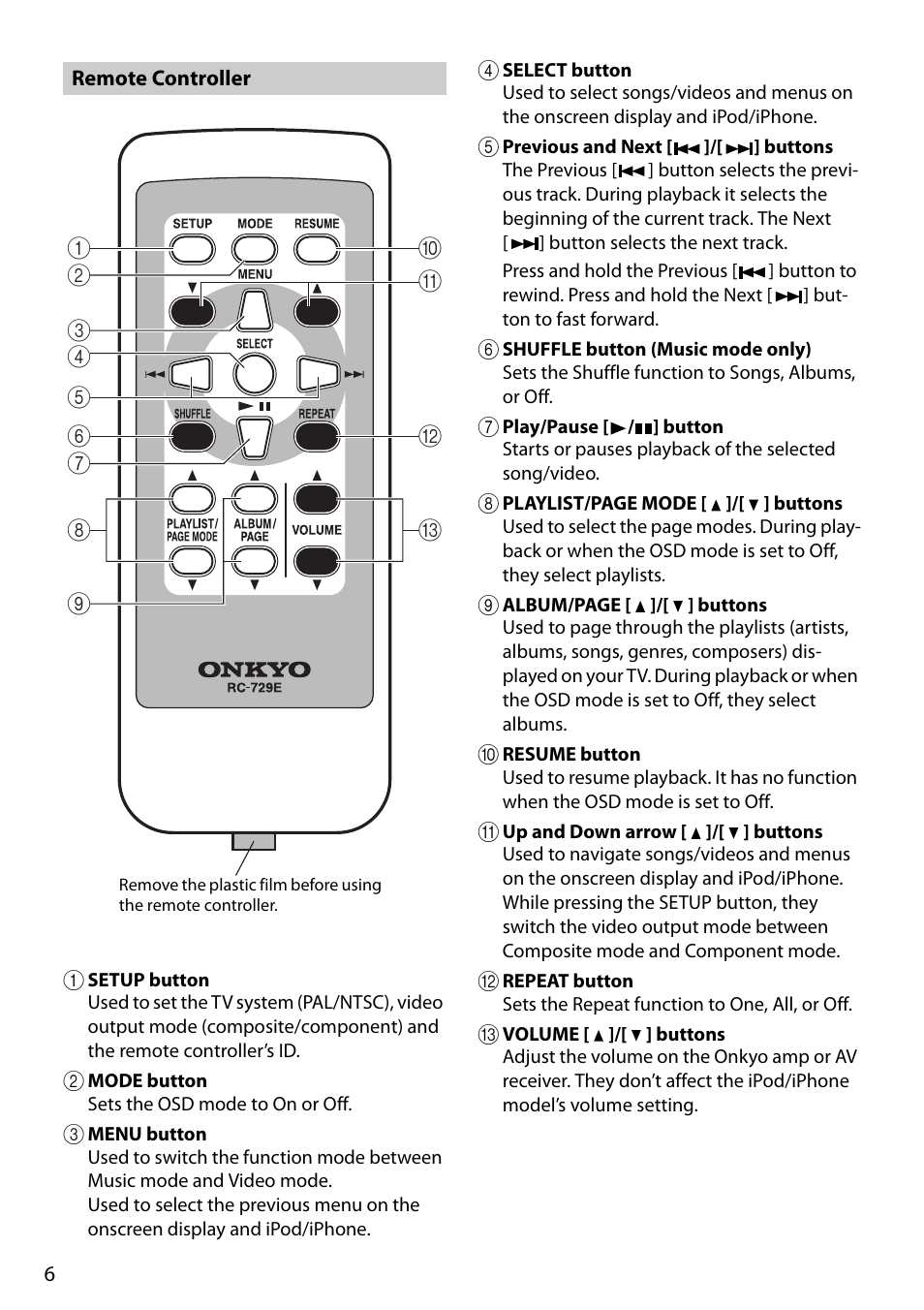 Remote controller | Onkyo Remote Interactive Dock for iPod/iPhone DS-A4 User Manual | Page 6 / 16