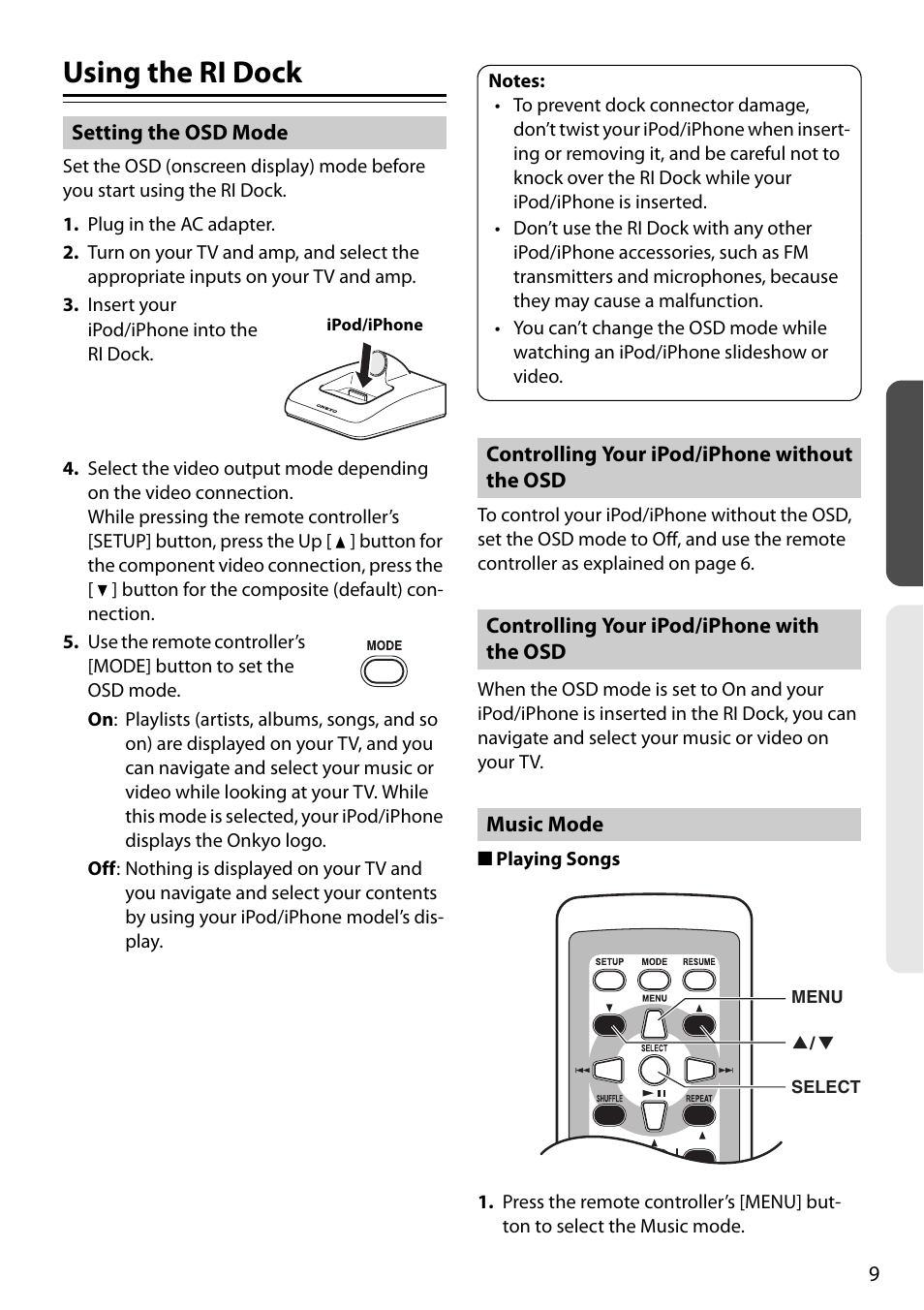 Using the ri dock, Setting the osd mode, Controlling your ipod/iphone without the osd | Controlling your ipod/iphone with the osd, Music mode, The osd, Controlling your ipod/iphone with | Onkyo Remote Interactive Dock for iPod/iPhone DS-A4 User Manual | Page 9 / 16