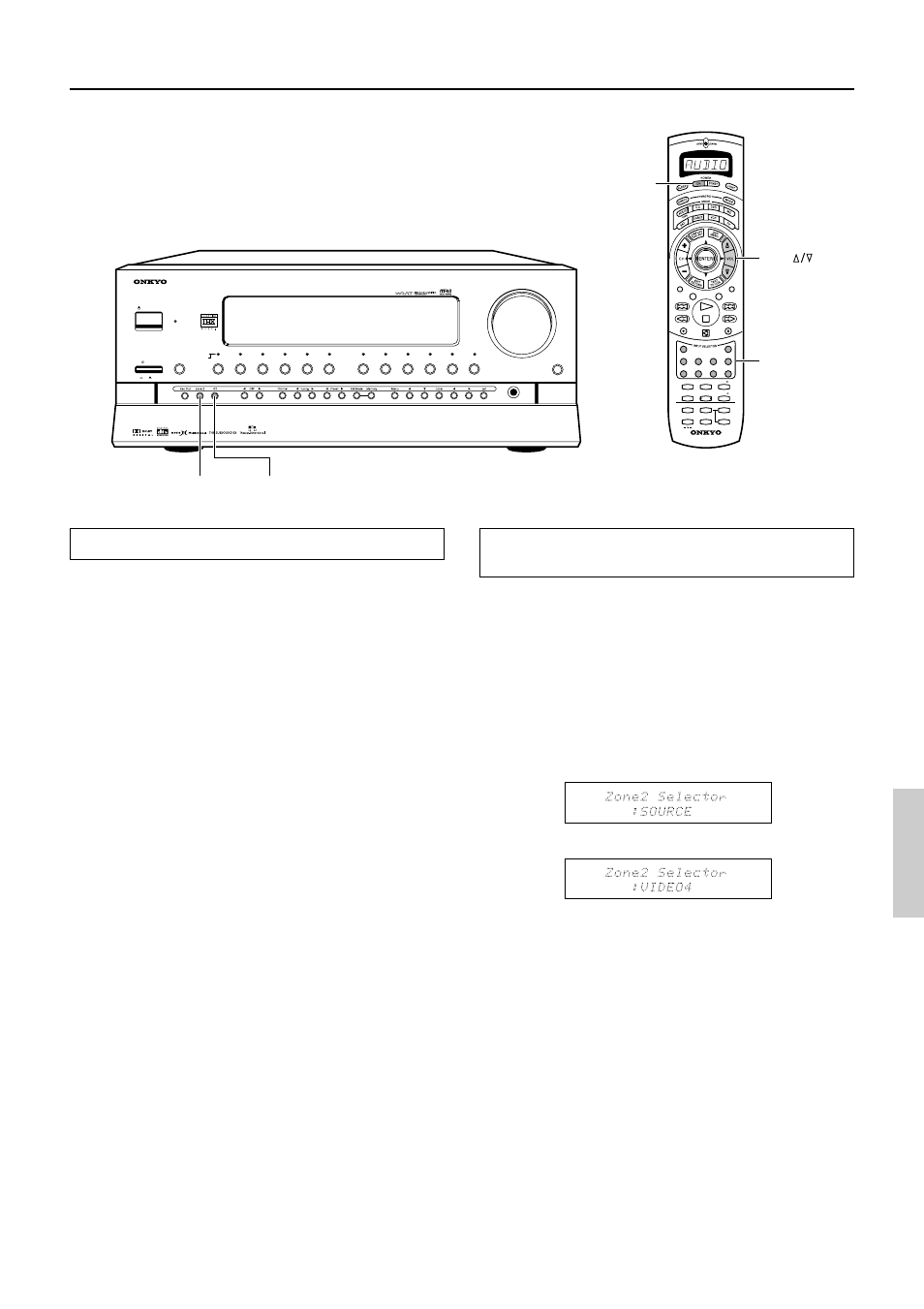 Enjoying music or videos in the remote zone, Power on zone 2 off input selector buttons vol | Onkyo TX-DS989 User Manual | Page 49 / 76