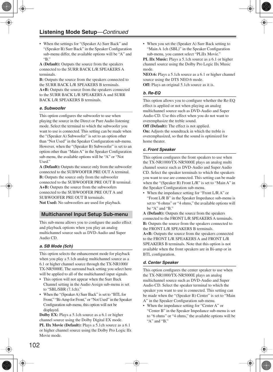 Listening mode setup —continued | Onkyo TX-NR1000 User Manual | Page 102 / 152