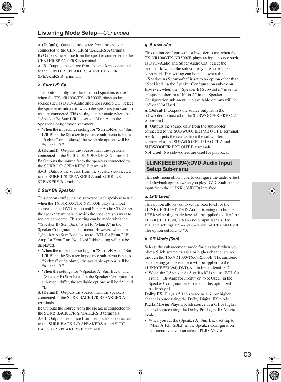 Listening mode setup —continued | Onkyo TX-NR1000 User Manual | Page 103 / 152