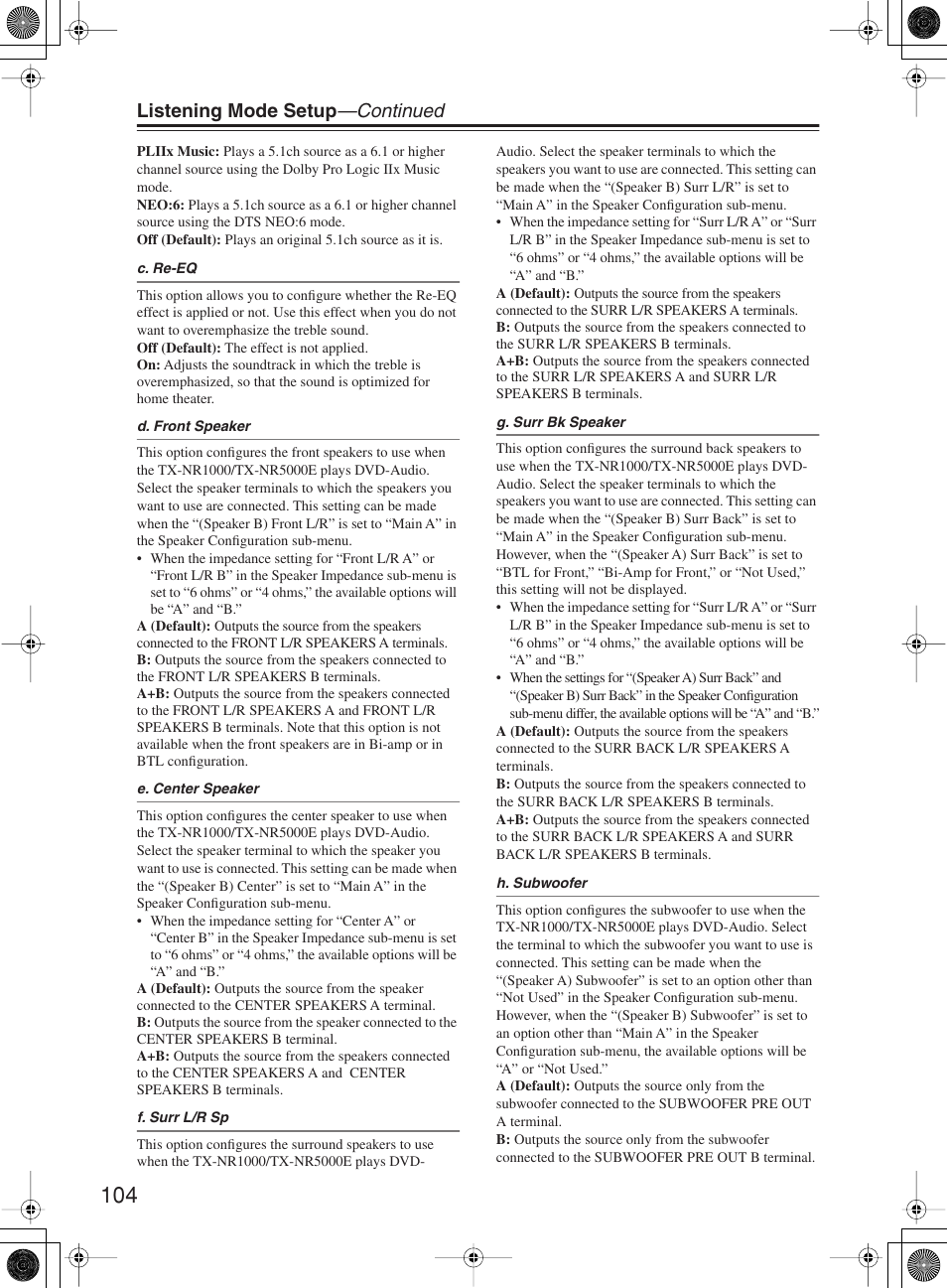 Listening mode setup —continued | Onkyo TX-NR1000 User Manual | Page 104 / 152