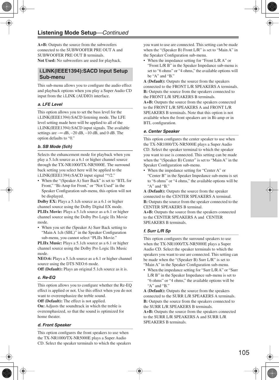 Listening mode setup —continued | Onkyo TX-NR1000 User Manual | Page 105 / 152