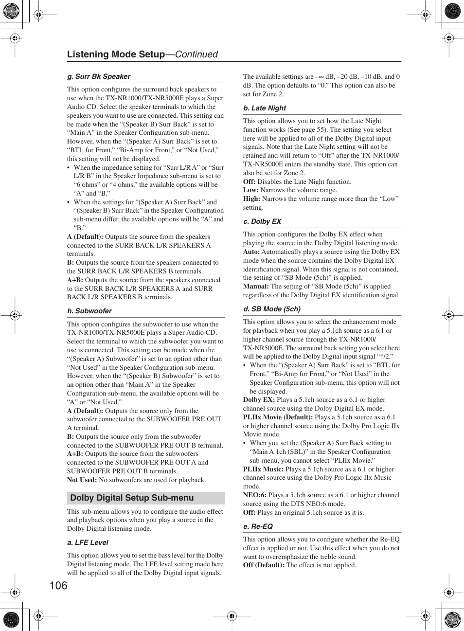 Listening mode setup —continued | Onkyo TX-NR1000 User Manual | Page 106 / 152