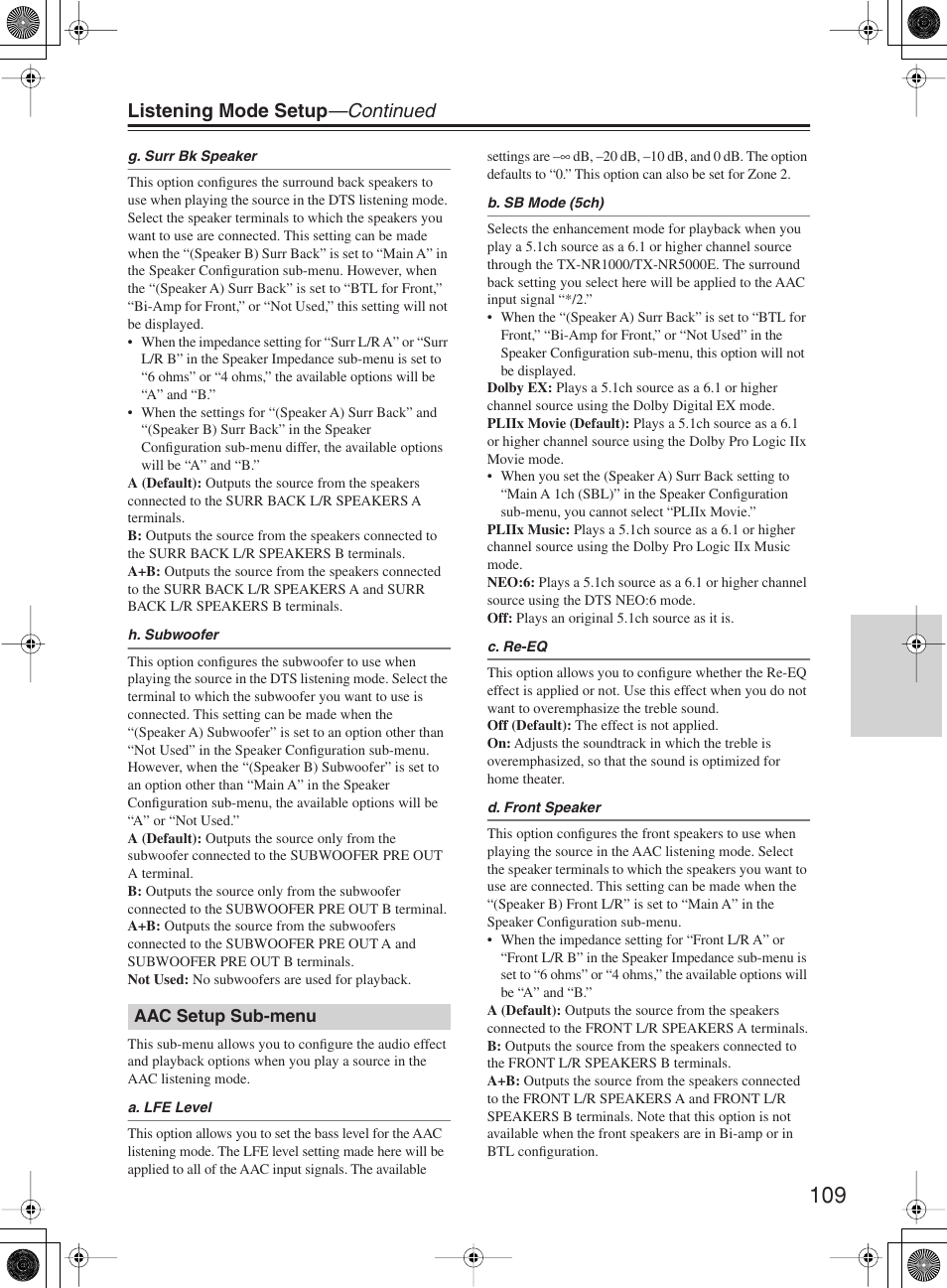 Listening mode setup —continued | Onkyo TX-NR1000 User Manual | Page 109 / 152