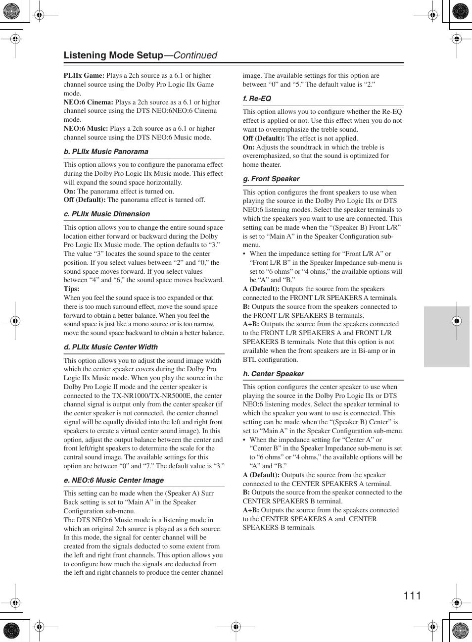 Listening mode setup —continued | Onkyo TX-NR1000 User Manual | Page 111 / 152