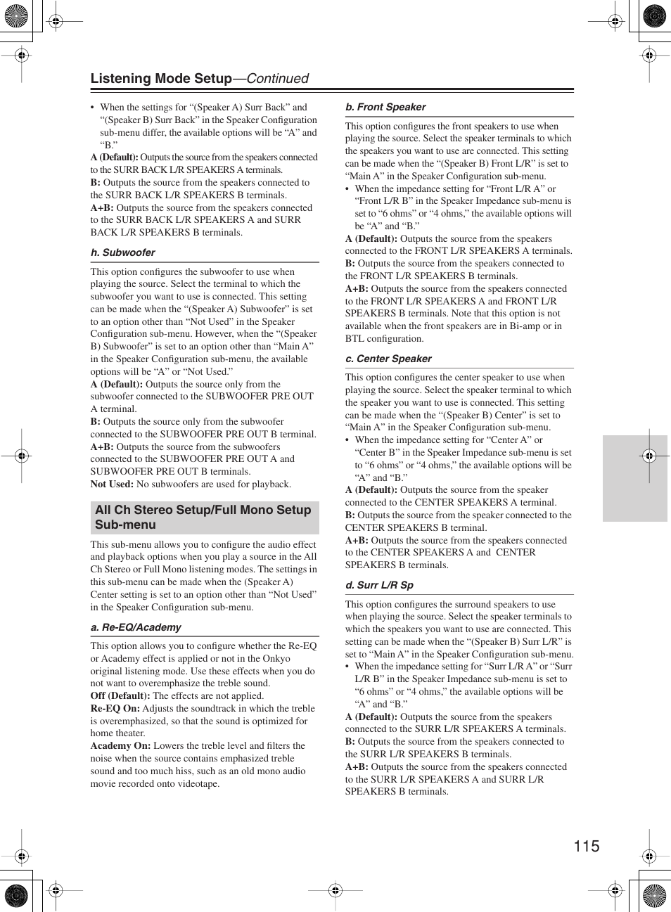 Listening mode setup —continued | Onkyo TX-NR1000 User Manual | Page 115 / 152