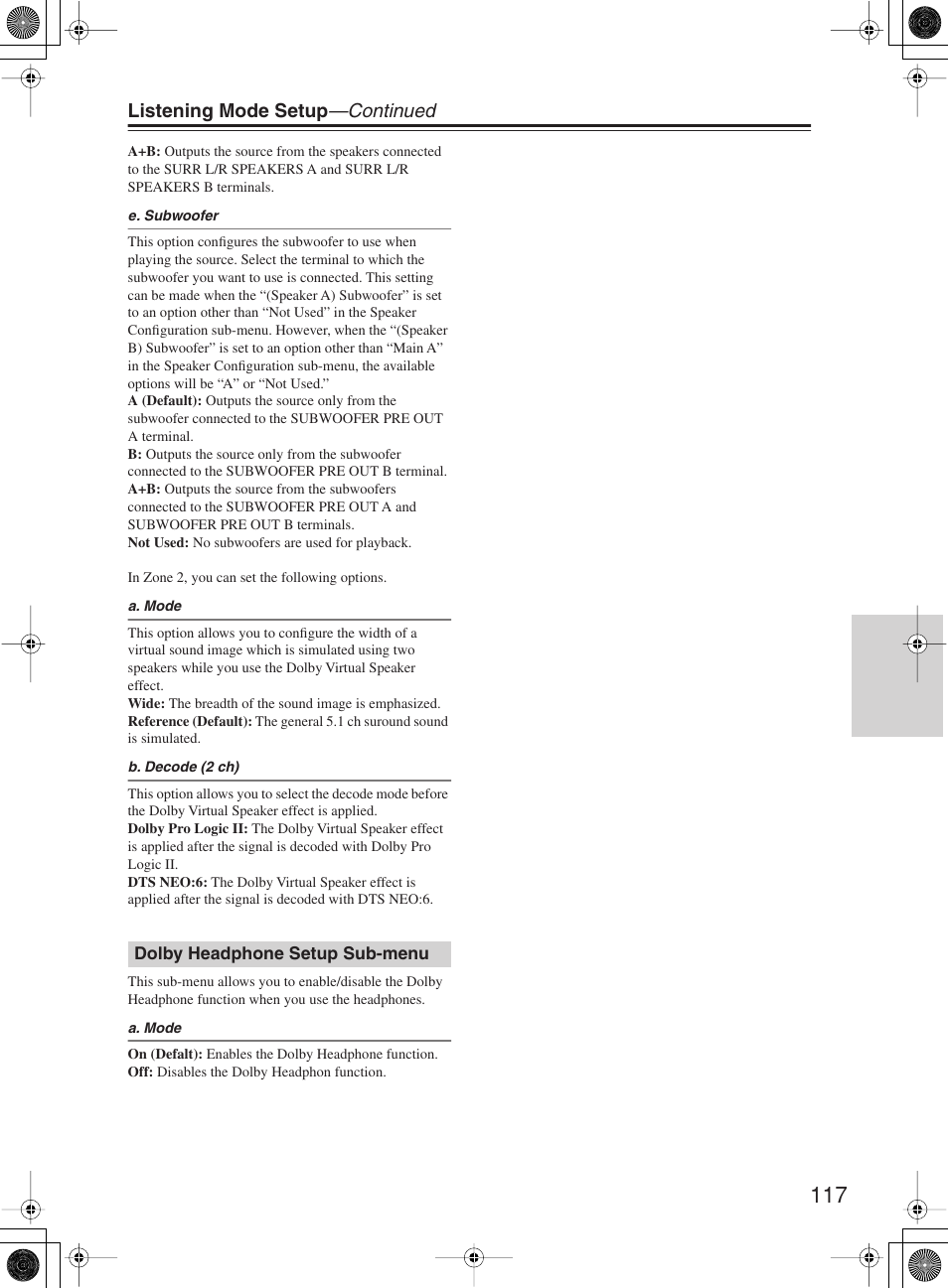 Listening mode setup —continued | Onkyo TX-NR1000 User Manual | Page 117 / 152