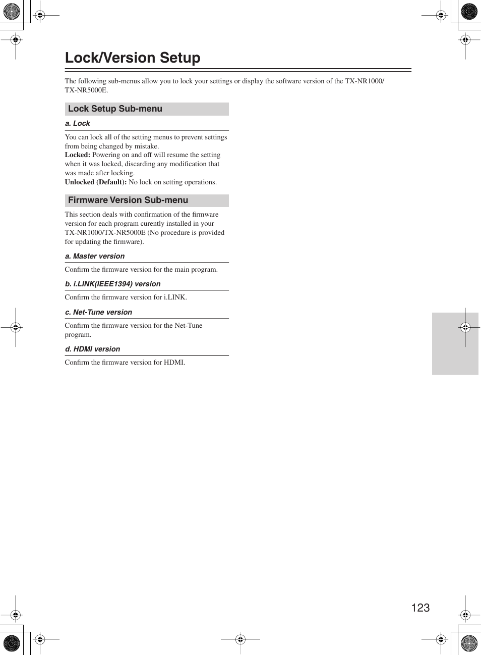 Lock/version setup | Onkyo TX-NR1000 User Manual | Page 123 / 152