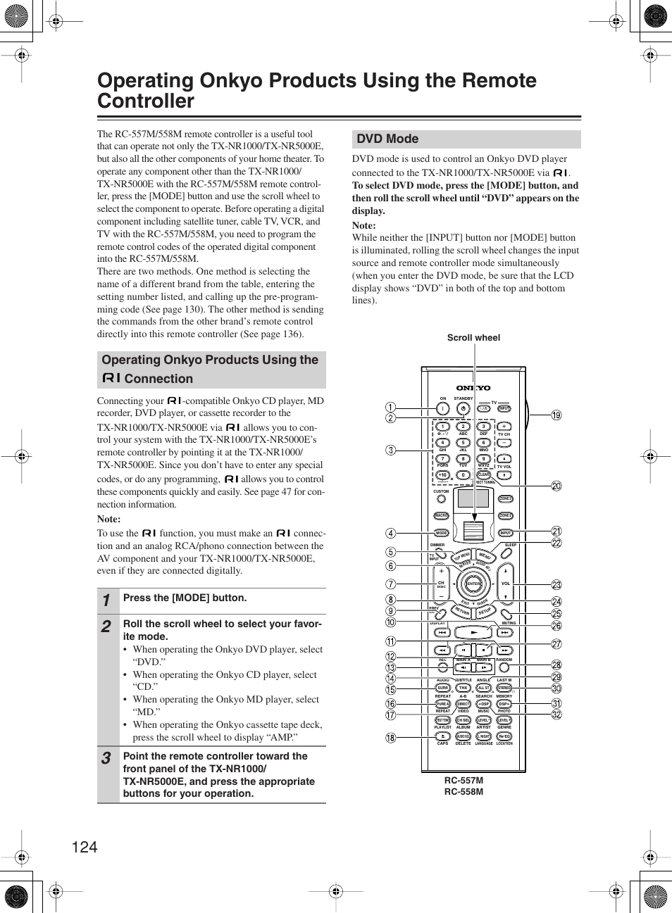 Operating onkyo products using the connection, Dvd mode, Press the [mode] button | Onkyo TX-NR1000 User Manual | Page 124 / 152