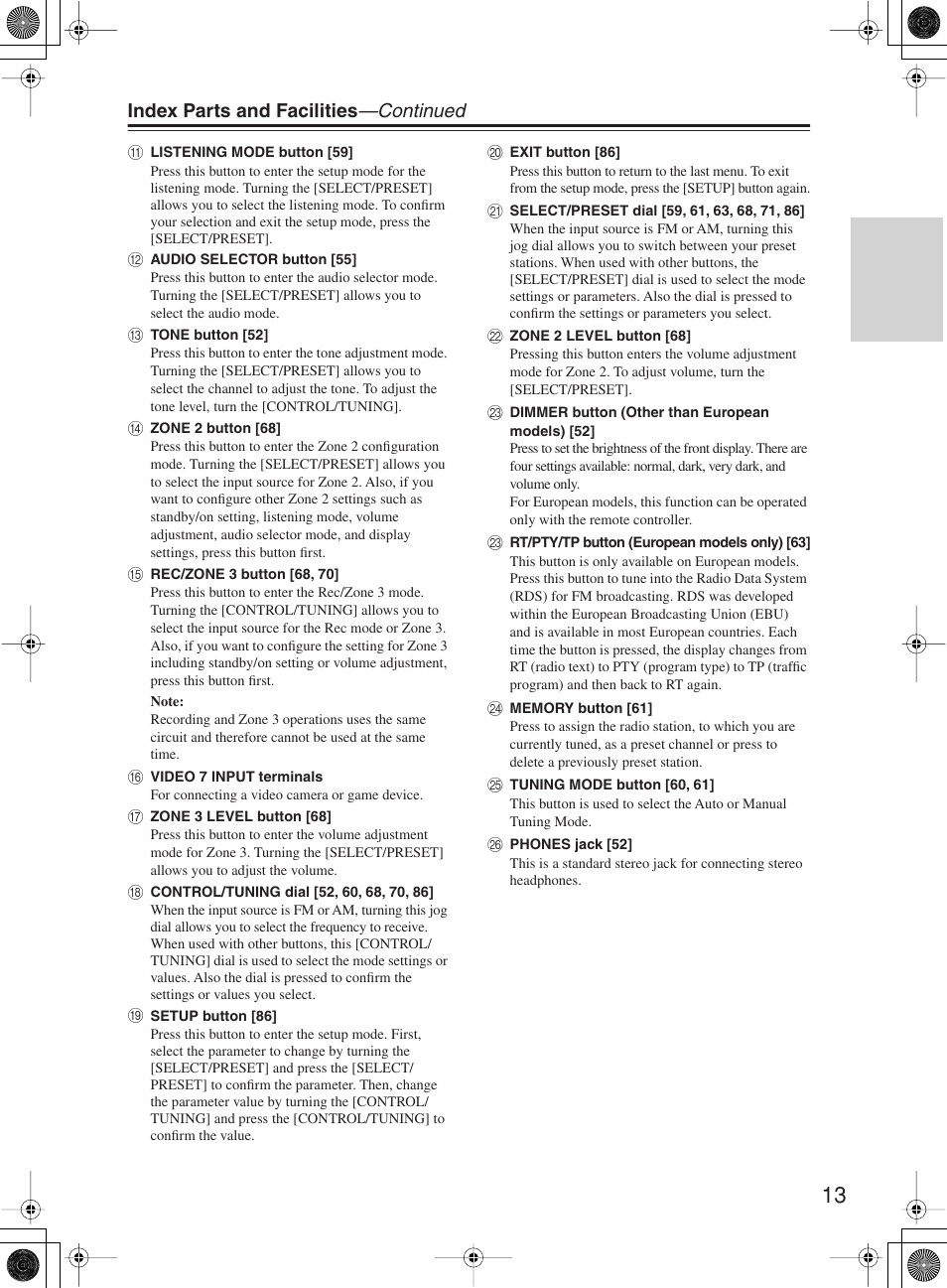 Index parts and facilities —continued | Onkyo TX-NR1000 User Manual | Page 13 / 152