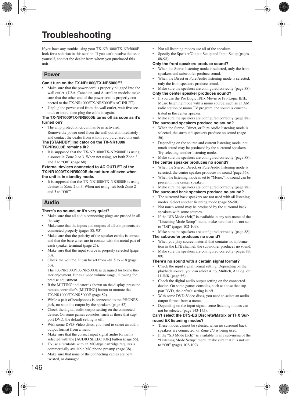 Troubleshooting, Power audio | Onkyo TX-NR1000 User Manual | Page 146 / 152