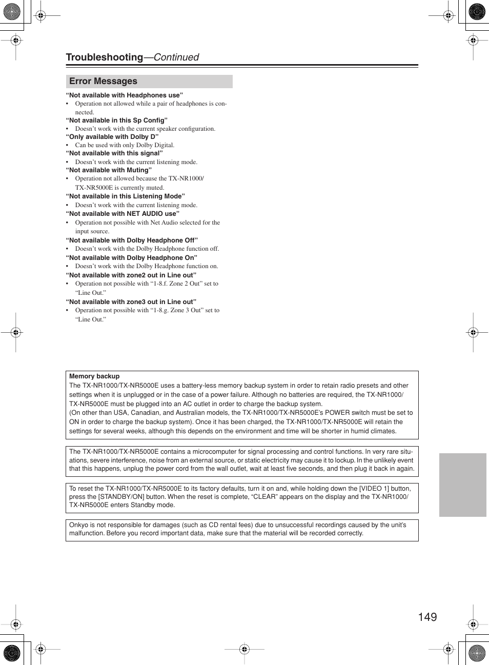 Troubleshooting —continued, Error messages | Onkyo TX-NR1000 User Manual | Page 149 / 152