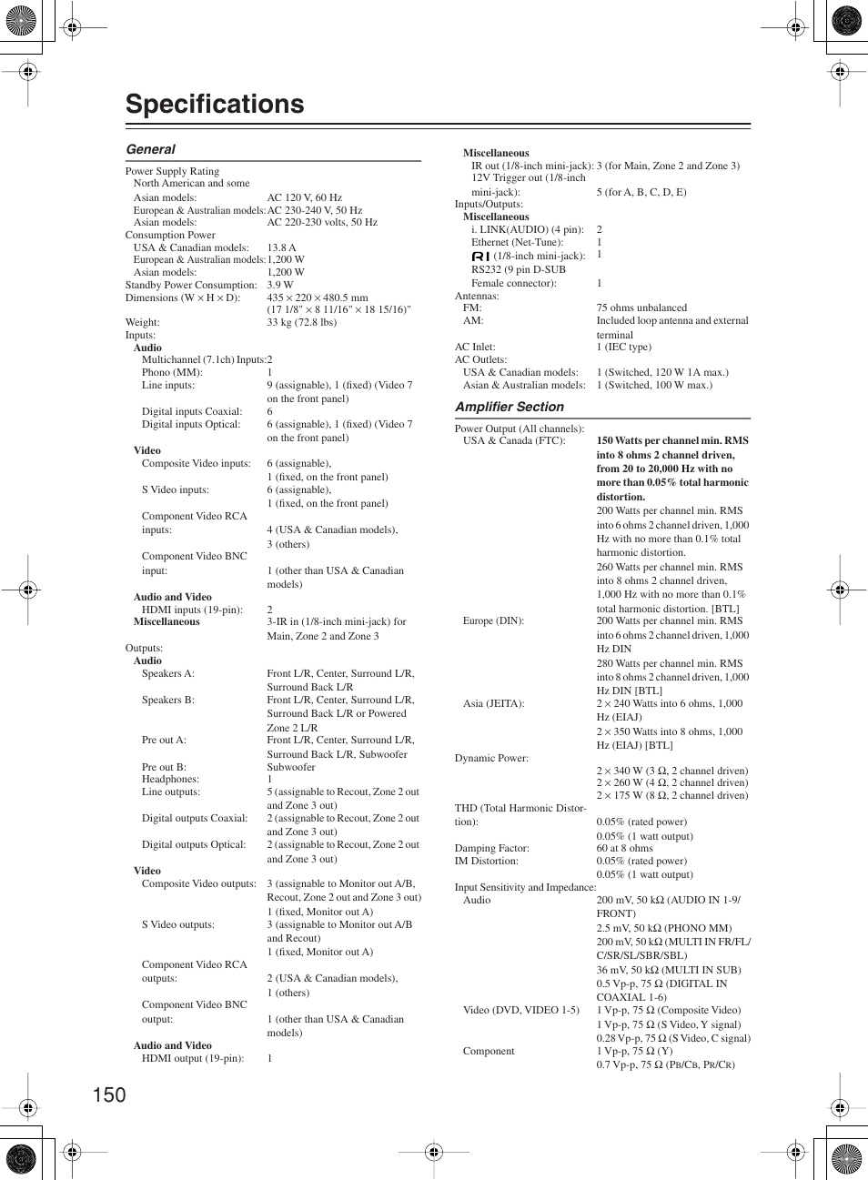 Specifications | Onkyo TX-NR1000 User Manual | Page 150 / 152