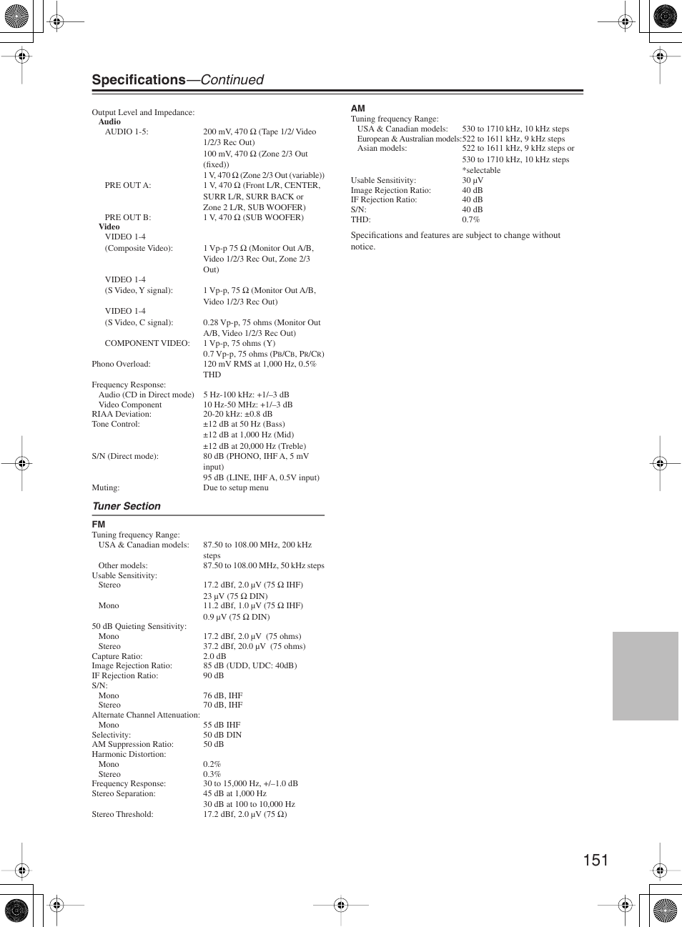 Specifications —continued | Onkyo TX-NR1000 User Manual | Page 151 / 152