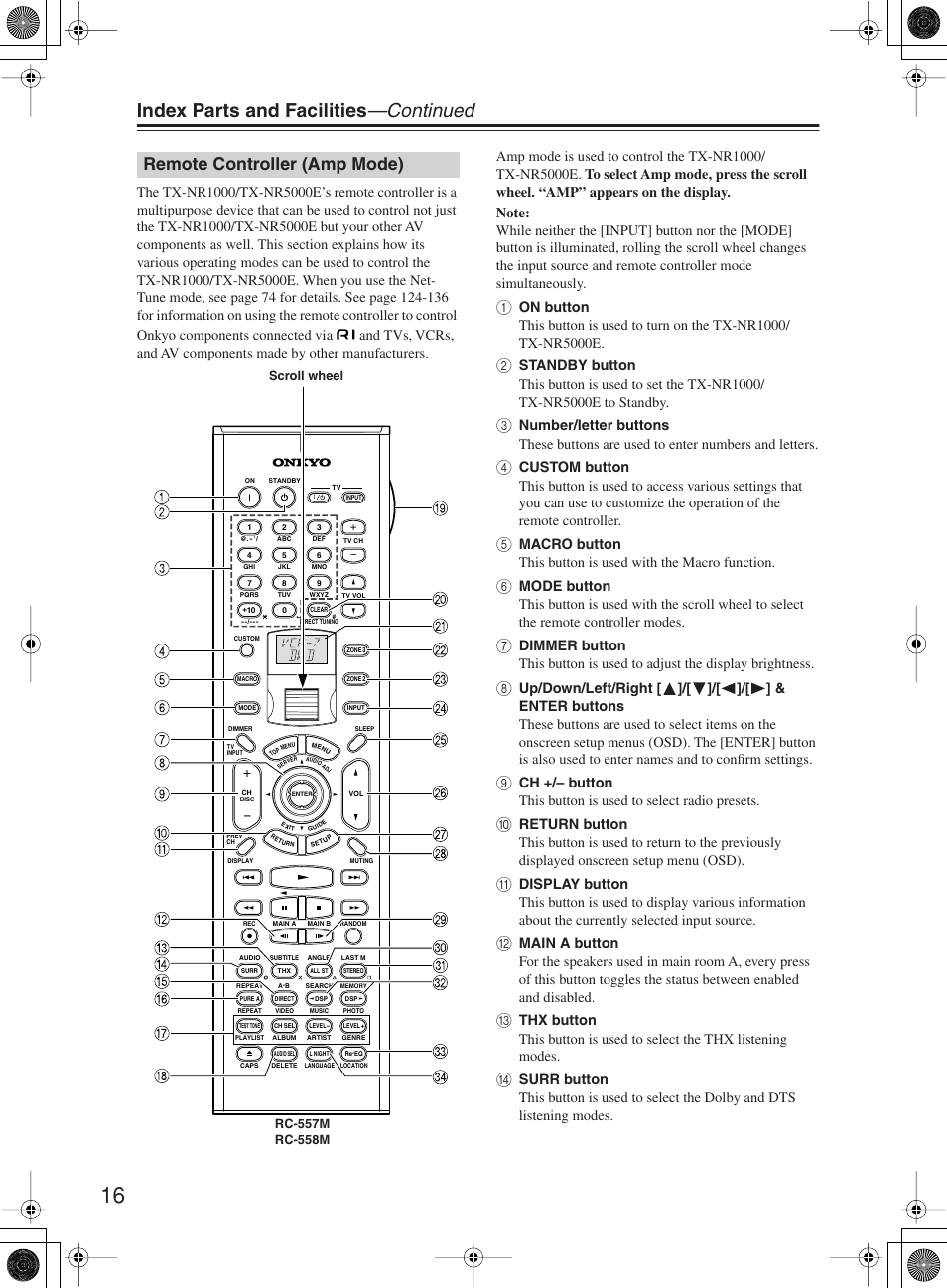 Index parts and facilities —continued, Remote controller (amp mode) | Onkyo TX-NR1000 User Manual | Page 16 / 152