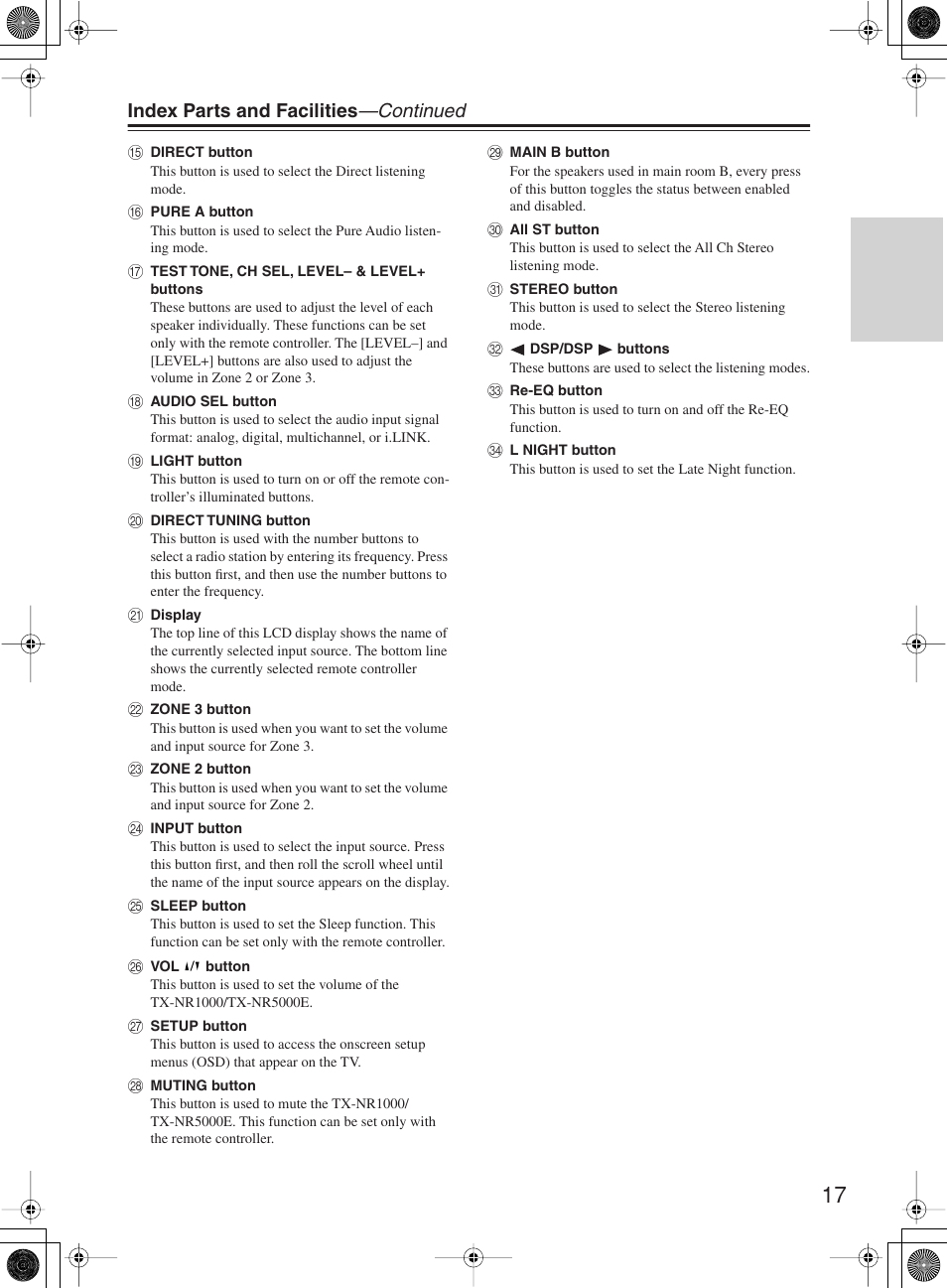 Index parts and facilities —continued | Onkyo TX-NR1000 User Manual | Page 17 / 152