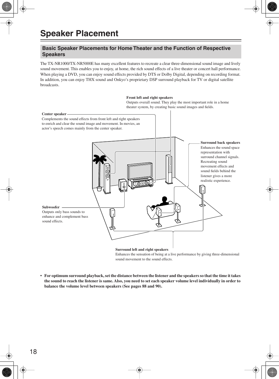 Speaker placement | Onkyo TX-NR1000 User Manual | Page 18 / 152