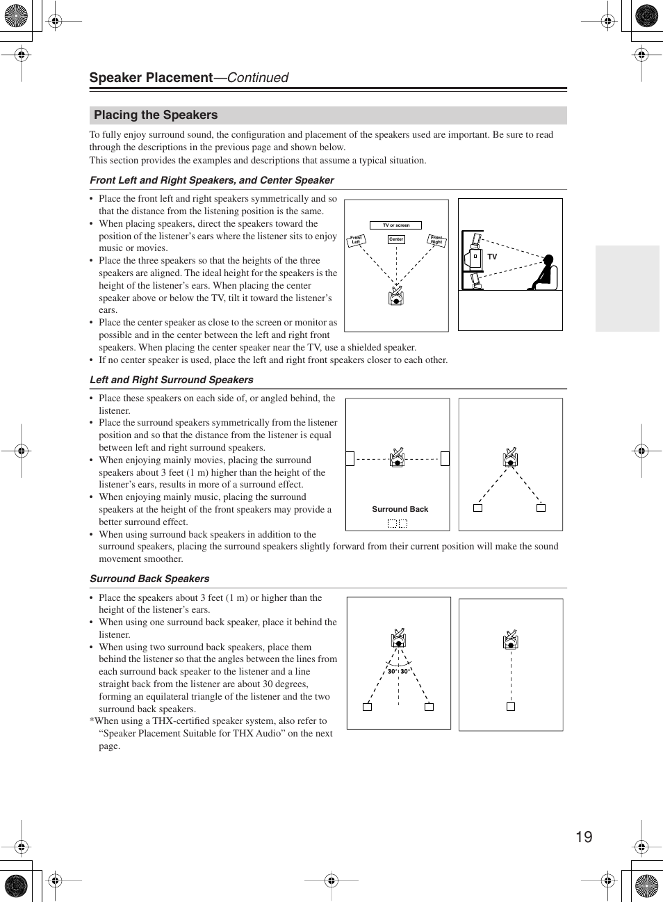 Speaker placement —continued, Placing the speakers | Onkyo TX-NR1000 User Manual | Page 19 / 152