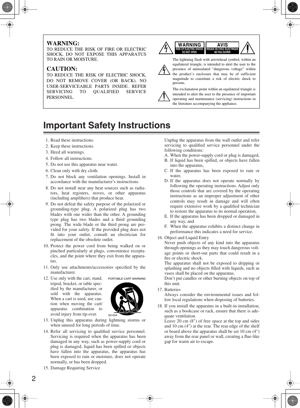 Important safety instructions, Warning, Caution | Onkyo TX-NR1000 User Manual | Page 2 / 152