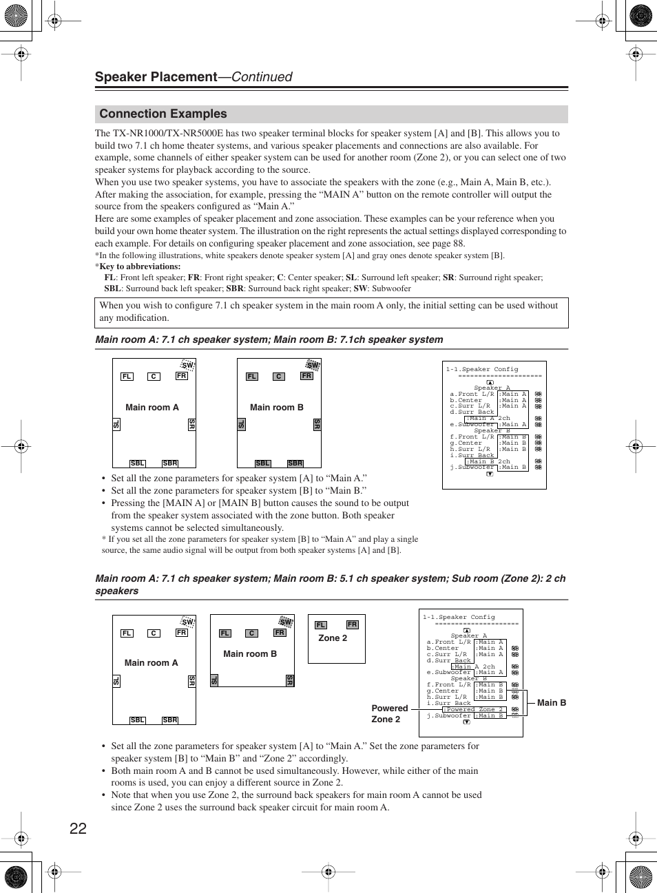 Speaker placement —continued, Connection examples | Onkyo TX-NR1000 User Manual | Page 22 / 152