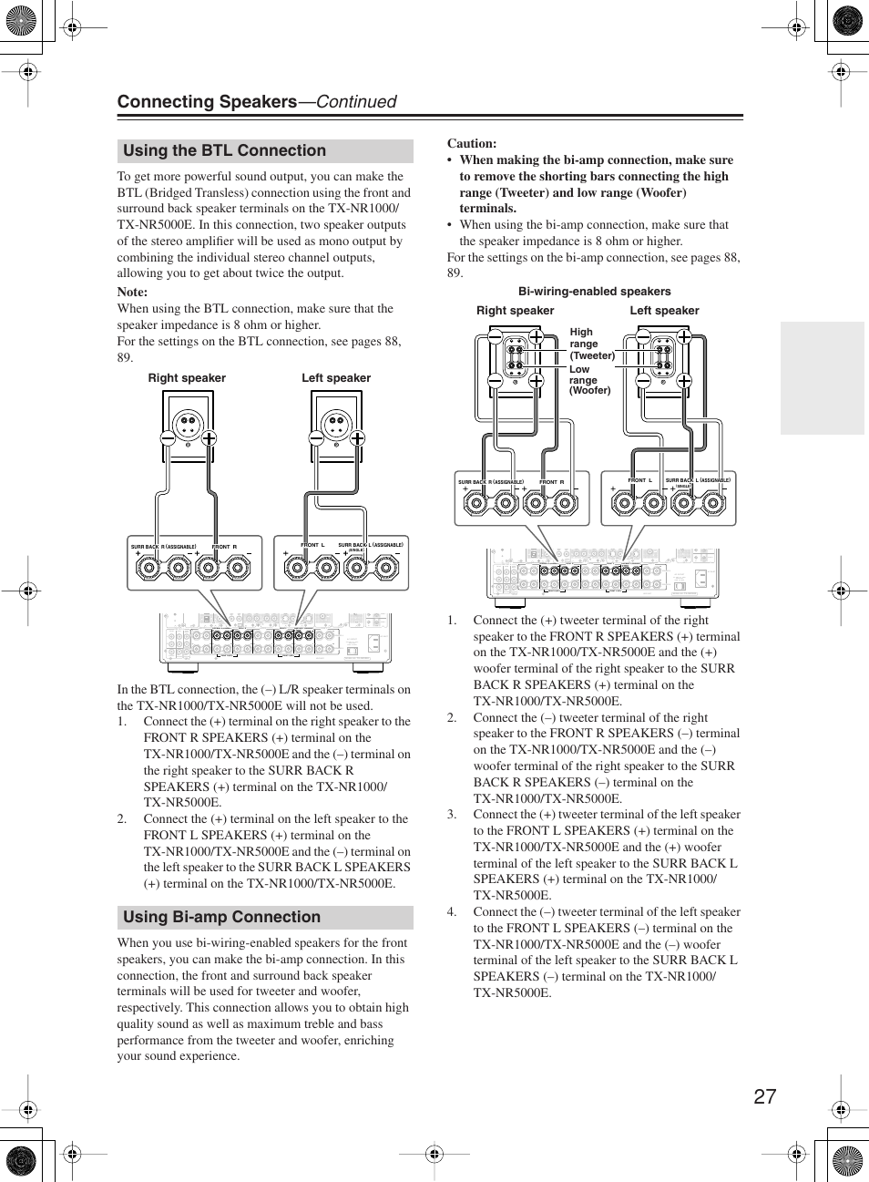 Connecting speakers —continued, Using the btl connection using bi-amp connection | Onkyo TX-NR1000 User Manual | Page 27 / 152