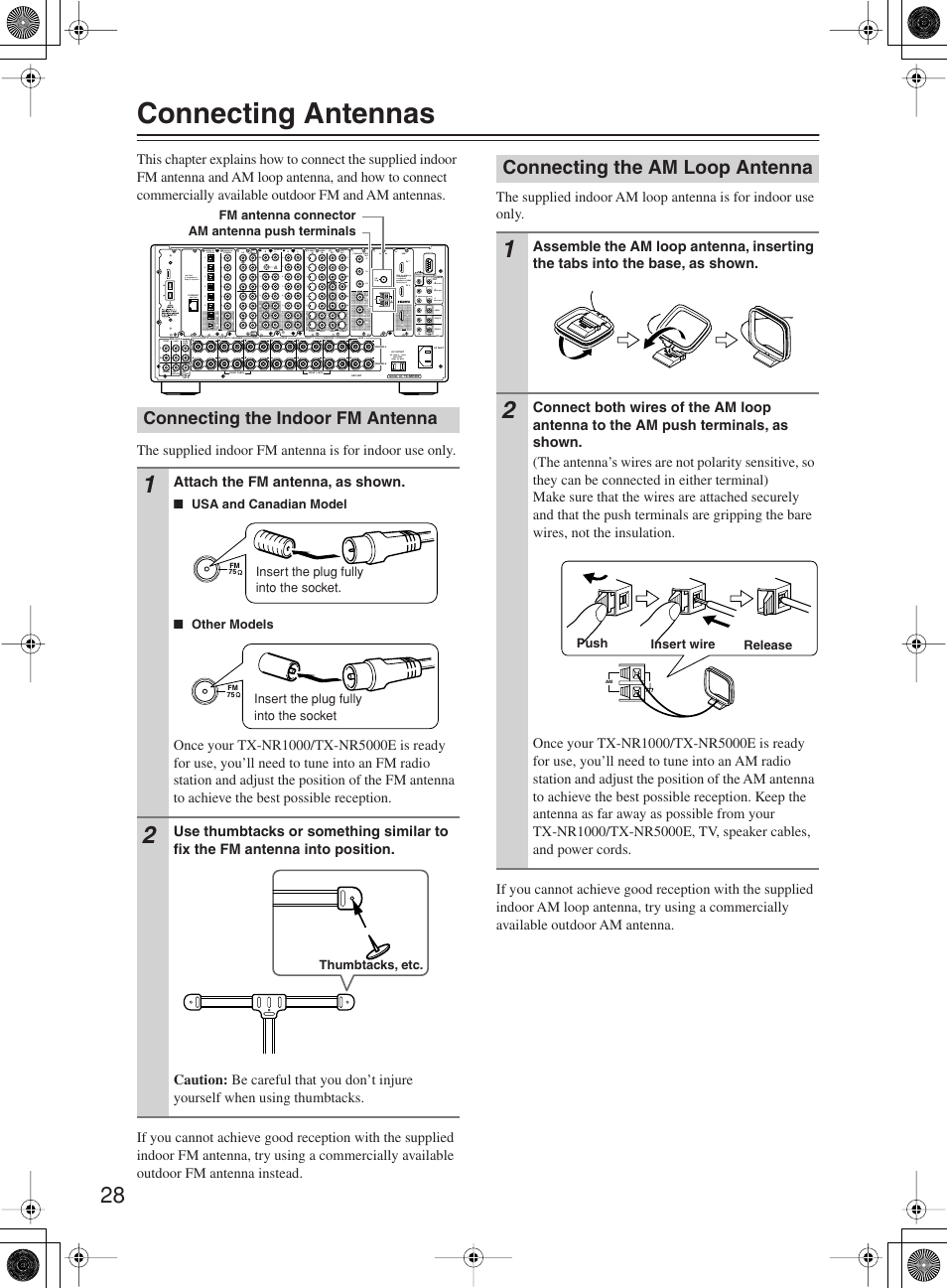 Connecting antennas, Connecting the am loop antenna, Connecting the indoor fm antenna | Onkyo TX-NR1000 User Manual | Page 28 / 152