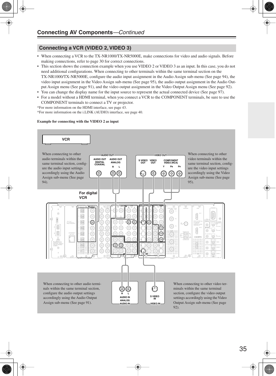 Connecting av components —continued, Connecting a vcr (video 2, video 3) | Onkyo TX-NR1000 User Manual | Page 35 / 152