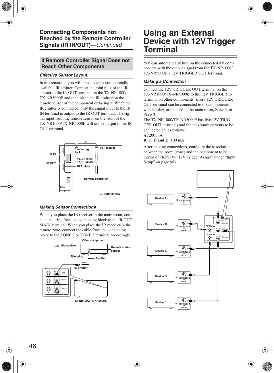 Using an external device with 12v trigger terminal | Onkyo TX-NR1000 User Manual | Page 46 / 152