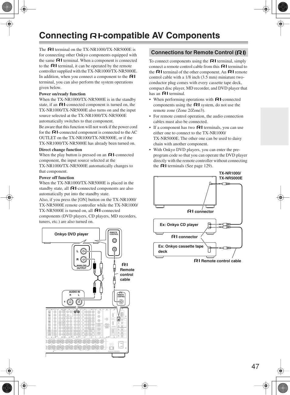 Connecting -compatible av components, Connections for remote control ( ) | Onkyo TX-NR1000 User Manual | Page 47 / 152