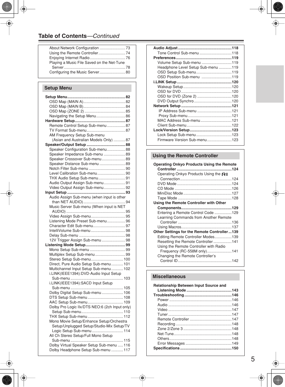 Table of contents —continued | Onkyo TX-NR1000 User Manual | Page 5 / 152