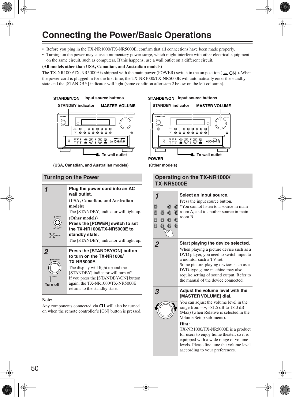 Connecting the power/basic operations, Turning on the power | Onkyo TX-NR1000 User Manual | Page 50 / 152