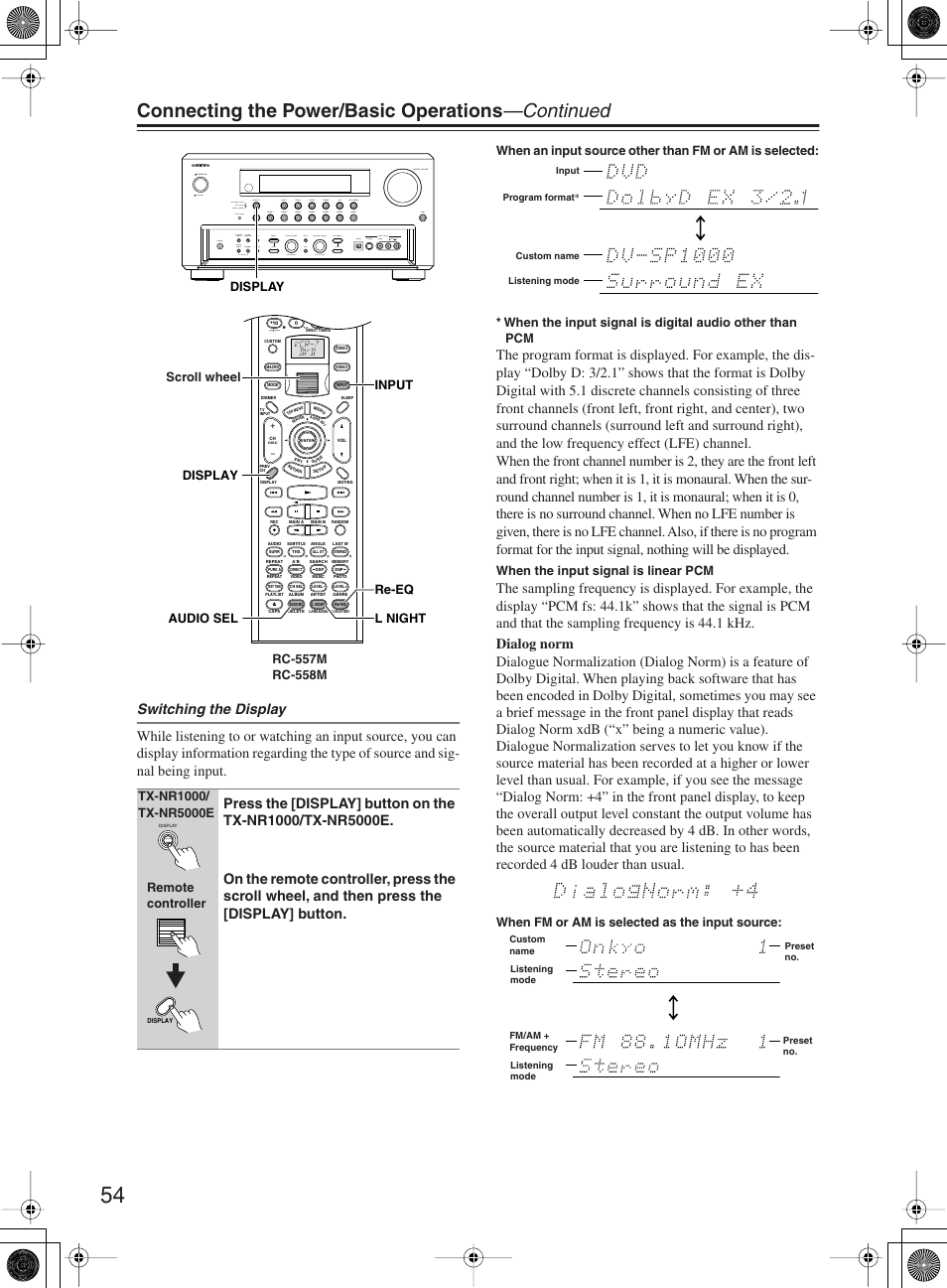 Connecting the power/basic operations —continued | Onkyo TX-NR1000 User Manual | Page 54 / 152