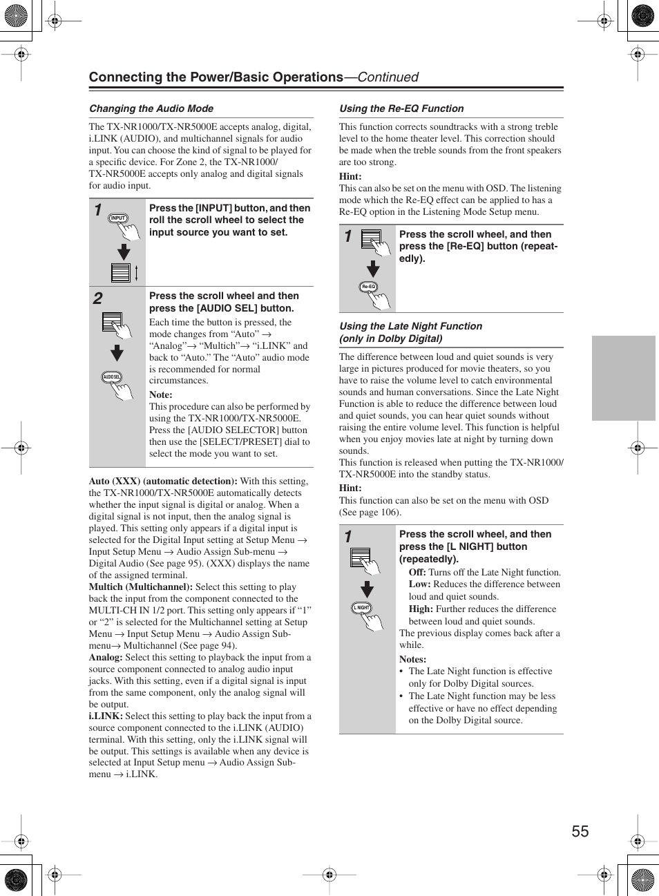 Connecting the power/basic operations —continued | Onkyo TX-NR1000 User Manual | Page 55 / 152